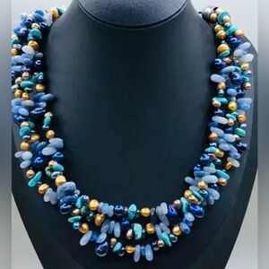 Jay King DRT 925 Silver triple strand freshwater pearl & gemstones necklace EUC